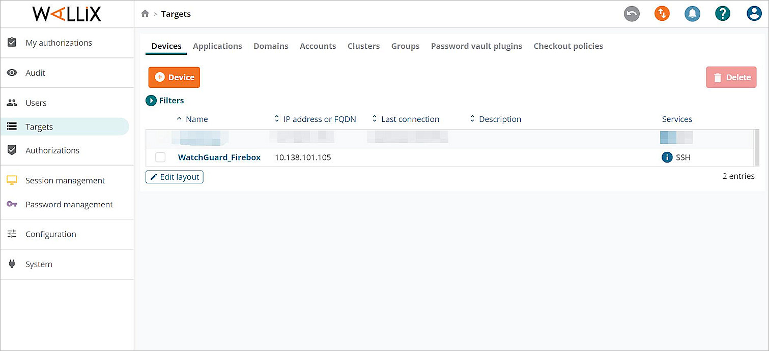 Screen shot of the Devices tab
